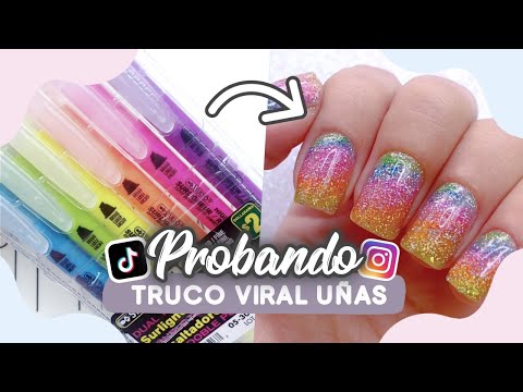 PINTANDO MIS UÑAS CON RESALTADORES NEON · PROBANDO TRUCO ARCOIRIS GLITER 🌈
