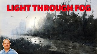 Light through fog watercolor landscape painting tutorial. Watercolour painting step by step lesson