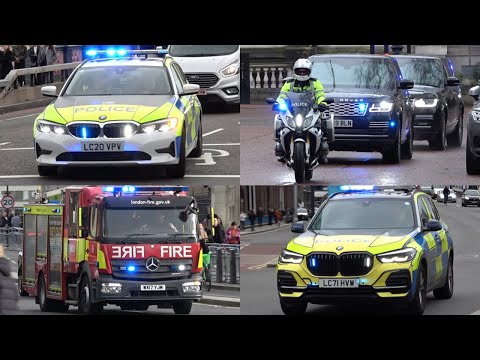 Emergency vehicles responding across London Police, London Fire Brigade & LAS using lights & sirens