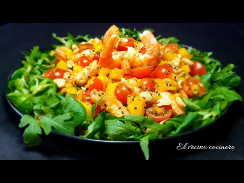 Ensalada de mango y langostinos con vinagreta Thai