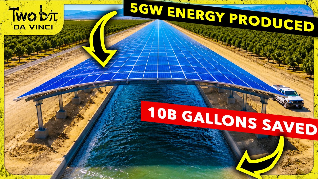 Solar panels mounted on a steel span above an irrigation canal in California's Central Valley
