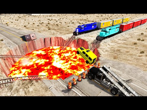 Cars and Ramp Truck vs Huge Pit Lava and Trains - BeamNG.Drive
