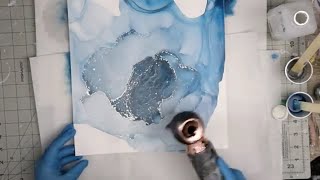 (836) Stunning Blue and Silver Mixed media Acrylic Pour with Silver Mica