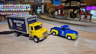 Menards O Scale Morton Salt Trucks - Modern Box Truck and Vintage 1953 Ford Pickup Truck (Made 2019)