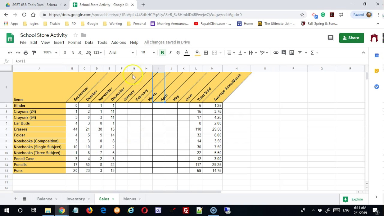 Google Sheets: School Store Project - Menus Sheet