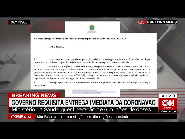 Saúde pede ao Butantan entrega imediata de 6 milhões de doses da Coronavac