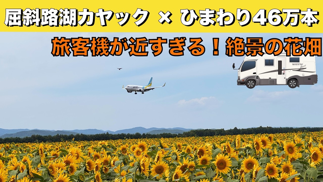 北海道車中泊旅「鏡のような湖面を漕ぐ。屈斜路湖オヤコツ地獄と女満別空港46万本のひまわりと飛行機が圧巻すぎた」の巻【2025 VLOG #24】愛犬と車中泊｜50代夫婦｜くるま旅｜レガードネオプラス