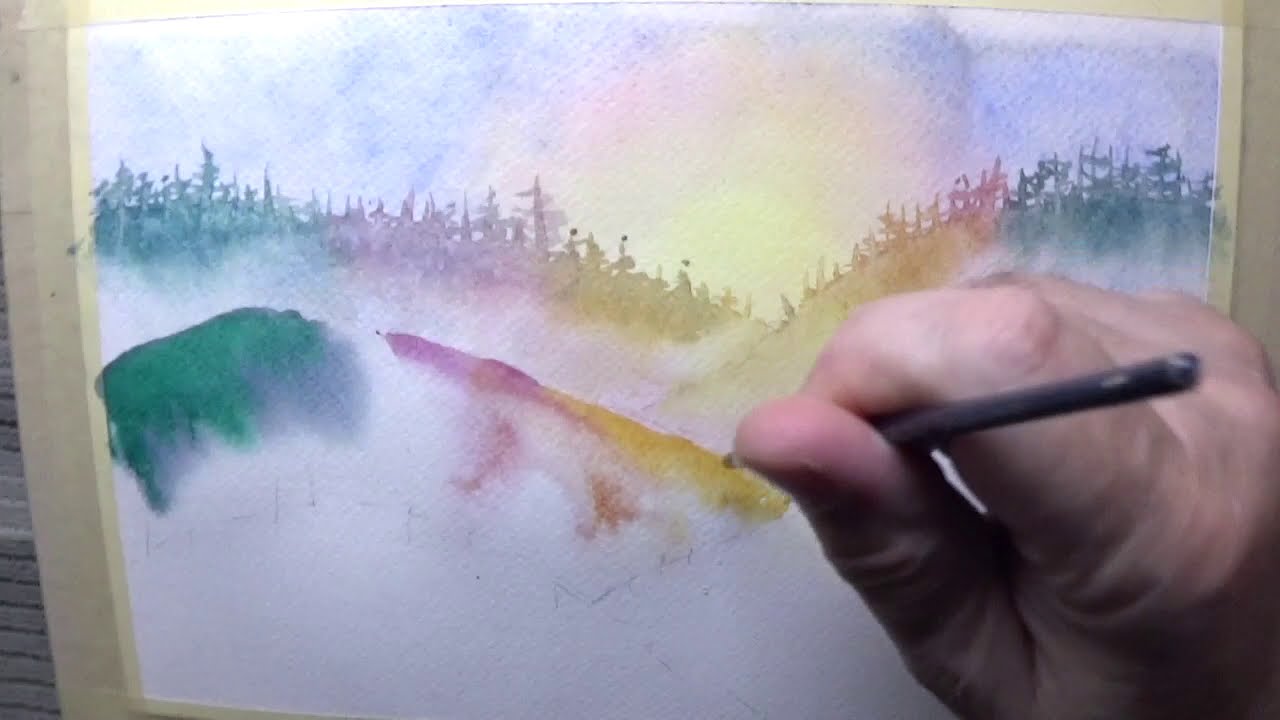 watercolor painting misty pine trees by vamos