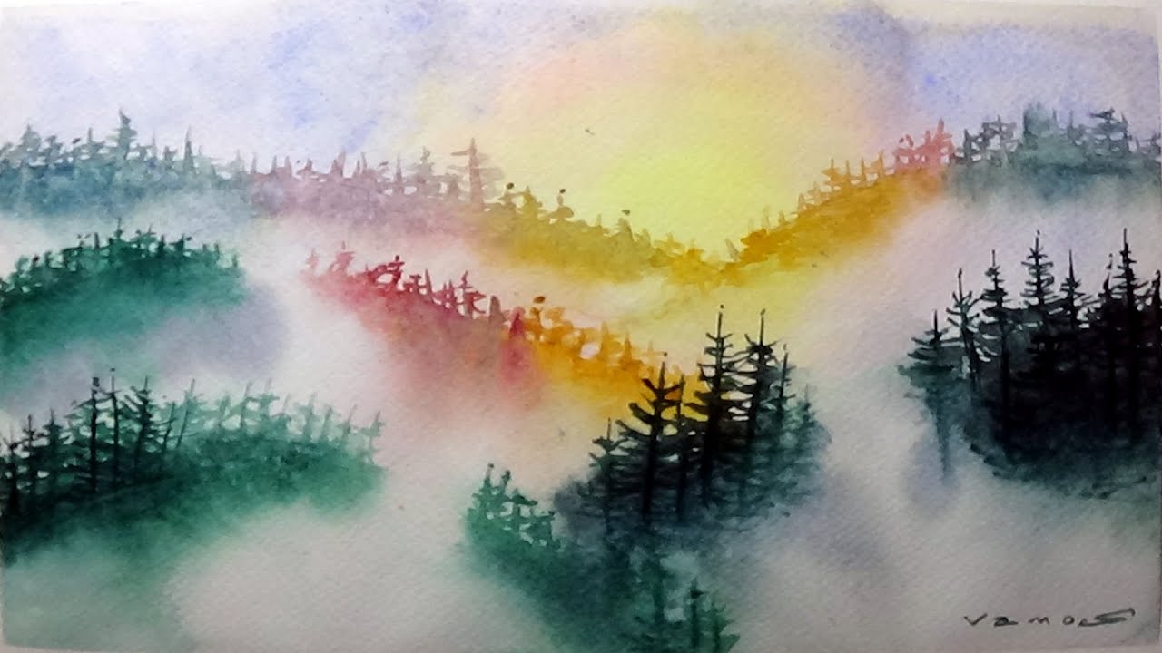 watercolor painting misty pine trees by vamos