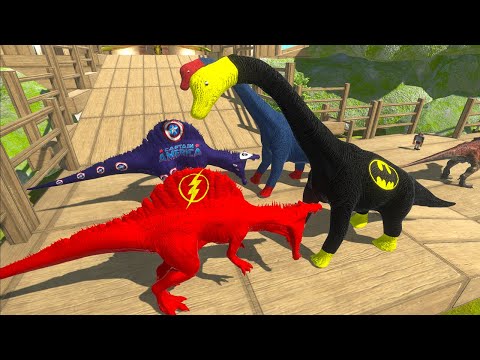 BATMAN & CAPTAIN AMERICA BRACHIO COUPLE VS SPINO COUPLE DEATH RUN - Animal Revolt Battle Simulator