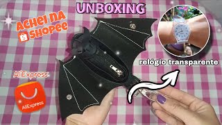 Comprinhas da Shopee e Aliexpress/bolsa morcego gótica/relógio transparente/sapatilha/Jaqueta suede 