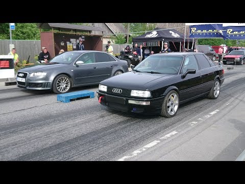 Audi 90 Quattro B3 2.2t 20v vs Audi RS4 B7 4.2FSI 1/8 mile drag race