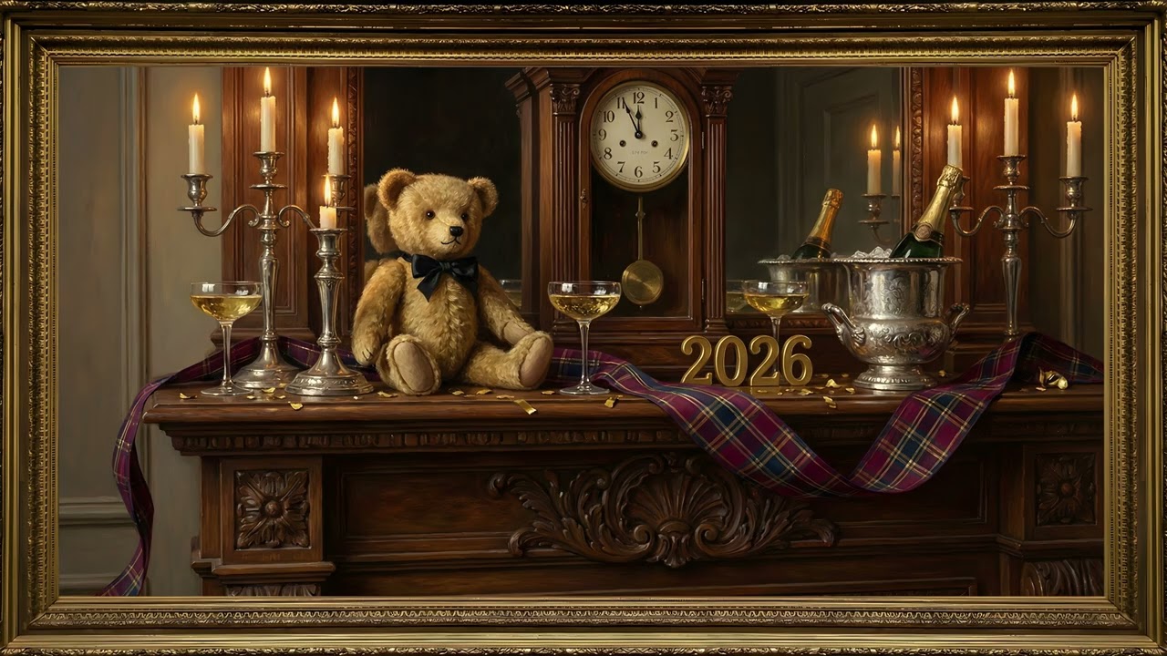 Classic Teddy Bear New Year Gold Frame TV Art | 2 Hours 4K — 4K ambient art screensaver in baroque gold frame