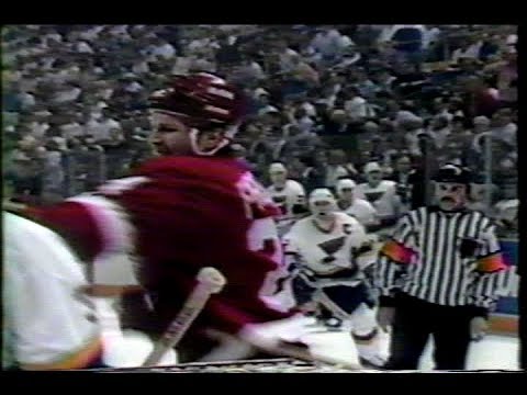 Bob Probert smacks Goalie Vincent Riendeau