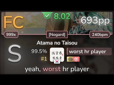 8.0⭐ worst hr player | Hatsune Miku - Atama no Taisou [Nogard] +HDHR 99.5% (#1 693pp FC) - osu!
