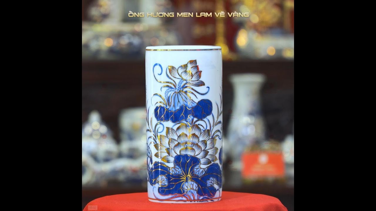 Ống Hương Men Lam Vẽ Vàng Họa Tiết Hoa Sen