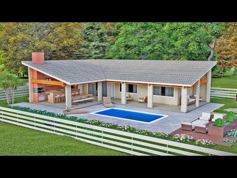Casa de Campo em L com 2 Quartos e Piscina - Compre o Projeto na Descrição