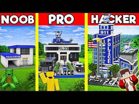 POLICE STATION House Build Battle In Minecraft - NOOB VS PRO CHALLENGE - Maizen Mizen Mazien Parody
