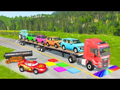 Flatbed Truck McQueen | Transportation with Truck - Pothole vs Car #71 | BeamNG.Drive Gameplay