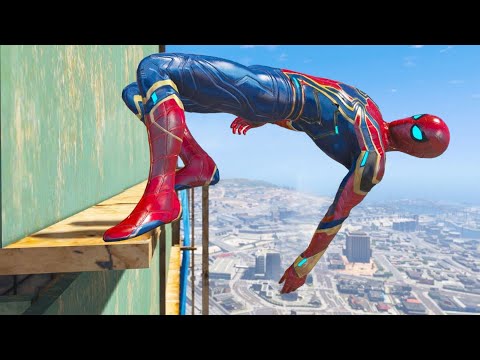 GTA 5 Iron Spider-Man Falling off Highest Buildings - Crazy Jumps Stunt & Funny Moments EP 142