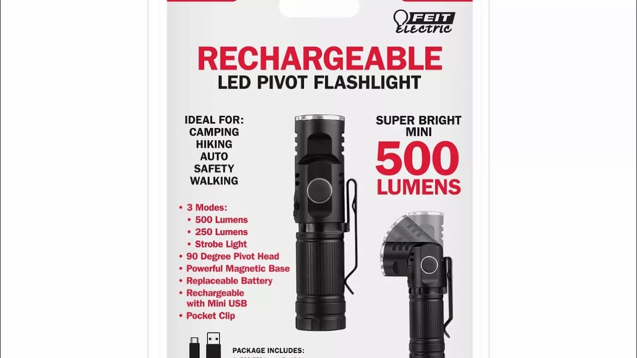 Watch video Feit Electric FL500/MINI Rechargeable 500 Lumen LED Pivot Flashlight Now Feit Electric FL500/MINI Rechargeable 500 Lumen LED Pivot Flashlight