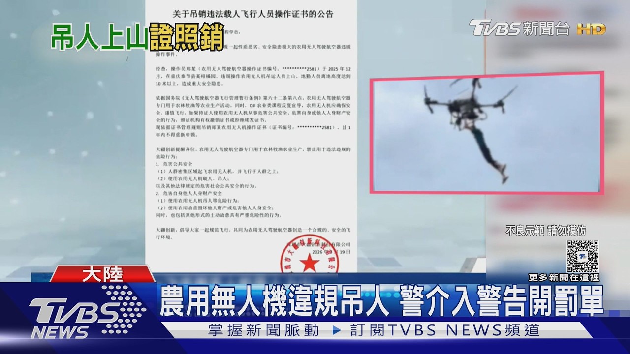 影音/農用無人機「吊人飛10公尺」!陸男貪方便 遭吊照禁飛1年