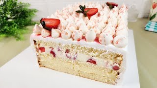 BOLO CREMOSO COM MORANGOS PARA 20 PESSOAS - O famoso bolo de morangos com suspiros!