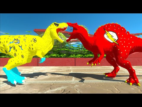 WOLVERINE T-REX and FLASH SPINOSAURUS vs 2X BATMAN T-REX DEATH FALL - Animal Revolt Battle Simulator