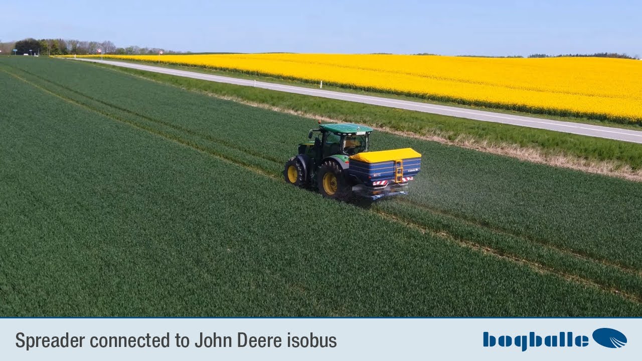 Bogballe spreader connected to John Deere Isobus