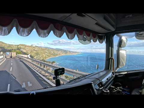 Truck Vlog - From Spain Across France to Italy. Wind, Perfect Highway and Sea View Parking.