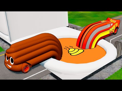 🌈 Lightning McQueen VS POOP TRANSFORM TOILET VS Big & Small Long Pixar Cars - BeamNG.drive