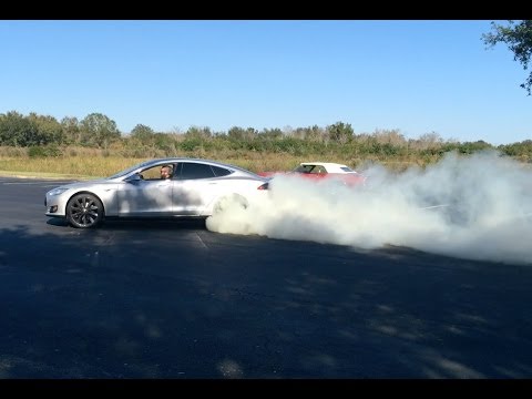 BURNOUTS! 2013 Tesla Model S P85 vs  1968 Pontiac Firebird 400 Convertible