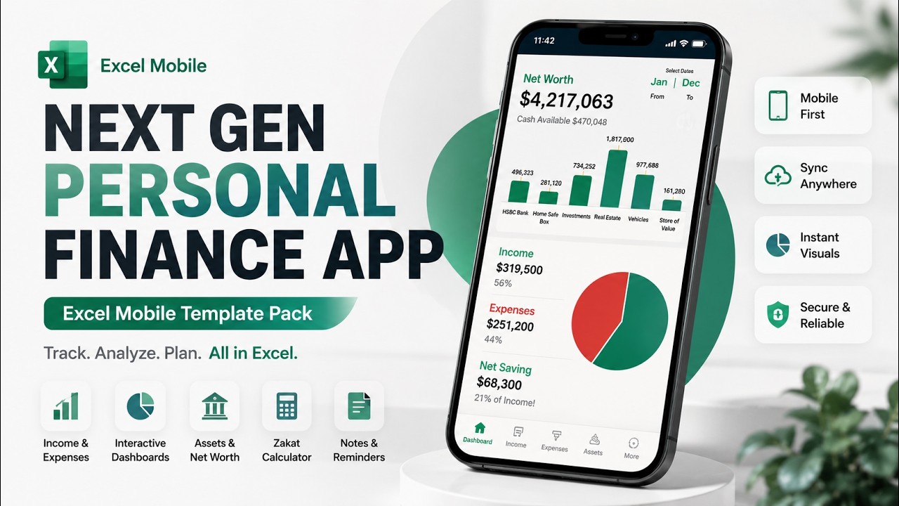 Next Gen Personal Finance App in Excel 📱 | Mobile Dashboard Template Pack