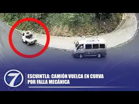 Escuintla: Camión vuelca en curva por falla mecánica