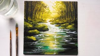 Waterfall Scenery Acrylic Painting step by step