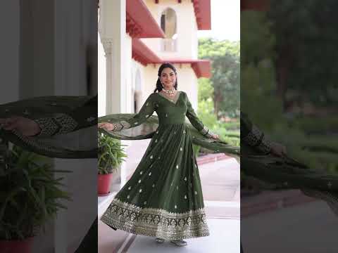 Mehendi Designer Vichitra Silk Embroidered Anarkali Gown with Sequins Zari Cut-Work Dupatta – Fully Stitched Festive Wear