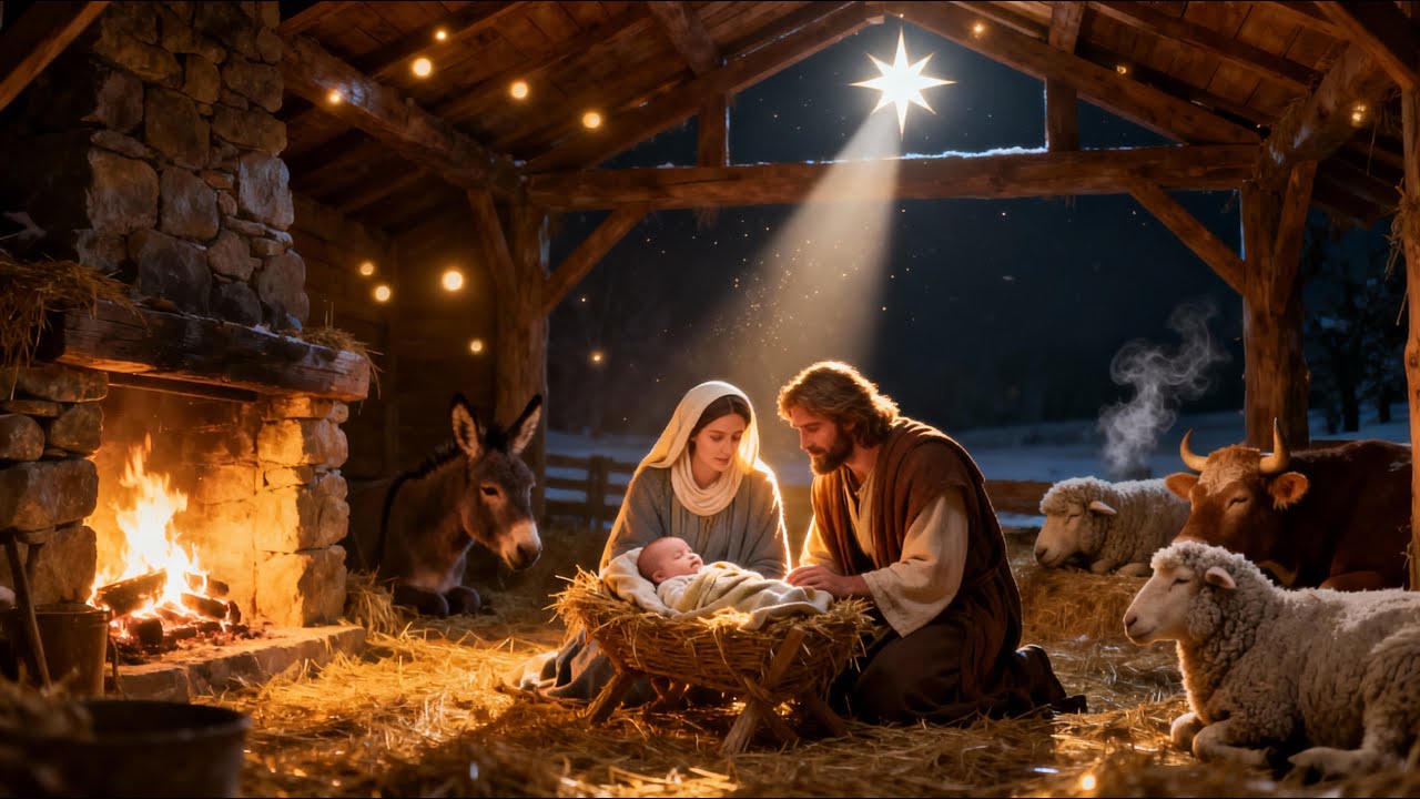 🕊️✨Peaceful Christmas Nativity Ambience 🌟 Soft Christmas Harp Music & Fireplace