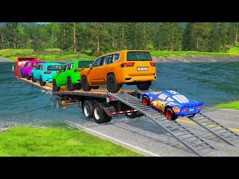 Double Flatbed Trailer McQueen Transportation with Truck - Speedbumps vs Cars vs Train - BeamNG #275