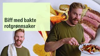 Biff med bakte rotgrønnsaker