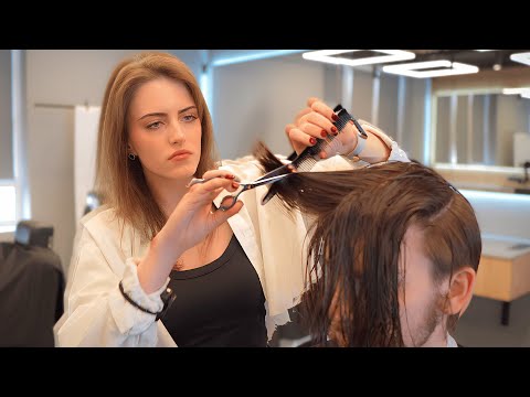 💈(ASMR) 100% Scissors Long Hair Challenge by Beutiful Barber Girl Dasha