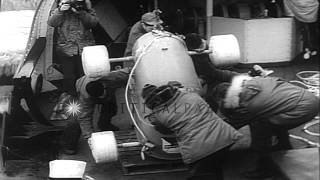 Air force airman Bruce Barwise exits cramped chamber of supersonic jet bomber esc...HD Stock Footage