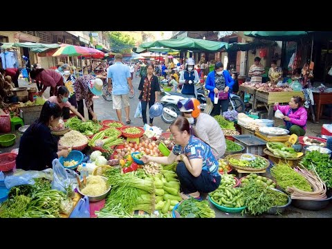 Scene Market In The Morning of Lifestyle Vendors, Pork, Vegetable, Fruit , More | Cambodia