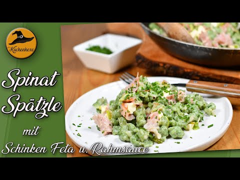 Spinatspätzle mit Schinken, Feta und Rahmsauce