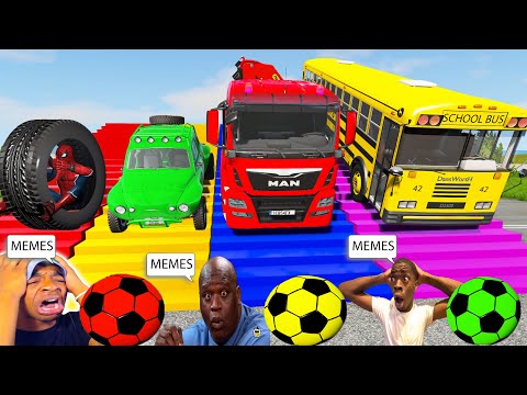 Monster Trucks Flatbed Long Trailer Truck Car Rescue Bus - Cars vs Deep Water - Cars vs Train