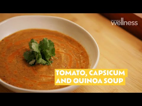 Zoe’s spicy red capsicum, tomato, quinoa and kidney bean soup with harissa