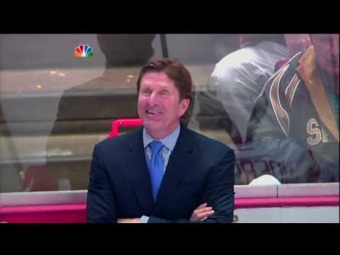 Mike Babcock and Damien Brunner have a laugh over the Saku Koivu Dive