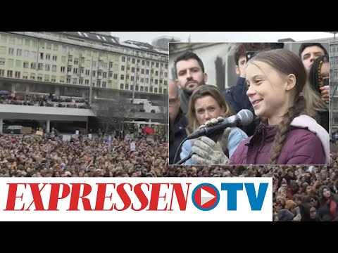 Hör jättejublet när Greta hälsar på franska • Se talet i Lausanne