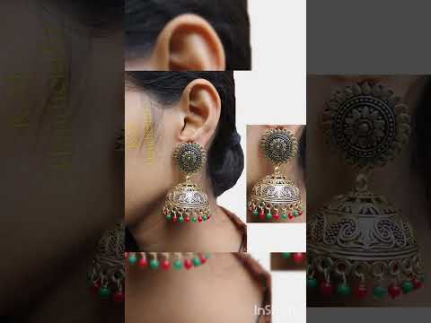 German Silver Ornate gold Plating  Earrings with Floral Design and Red or green beads