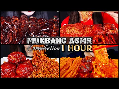 Mukbang ASMR 1 Hour Eating Spicy Fried Chicken, Black Bean Enoki Mushrooms, Spicy Seafood Yosii ASMR