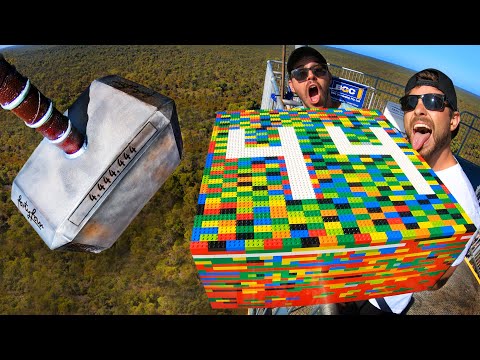 Thor's Hammer Vs. Giant LEGO Block from 45m! (20,000 Bricks!)